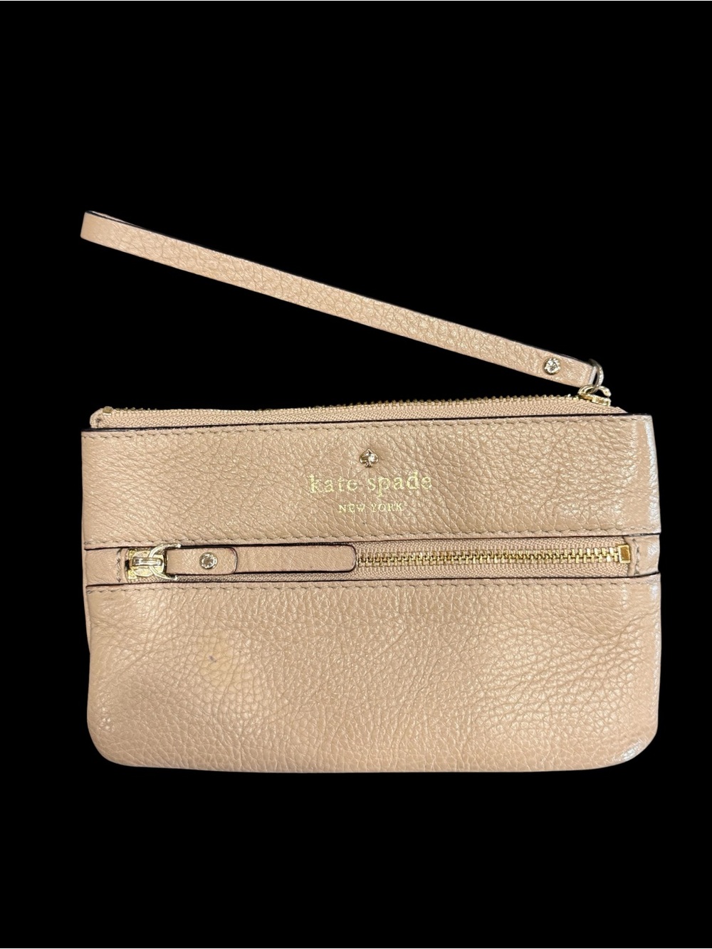 Kate Spade Beige Pebbled Leather Wristlet with Front zipper pocket.